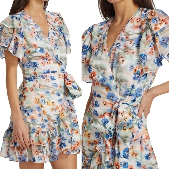 New Tanya Taylor Bailey Floral Print Faux Wrap Dress In Geranium Haze Multi Sz 2 - Picture 4 of 15